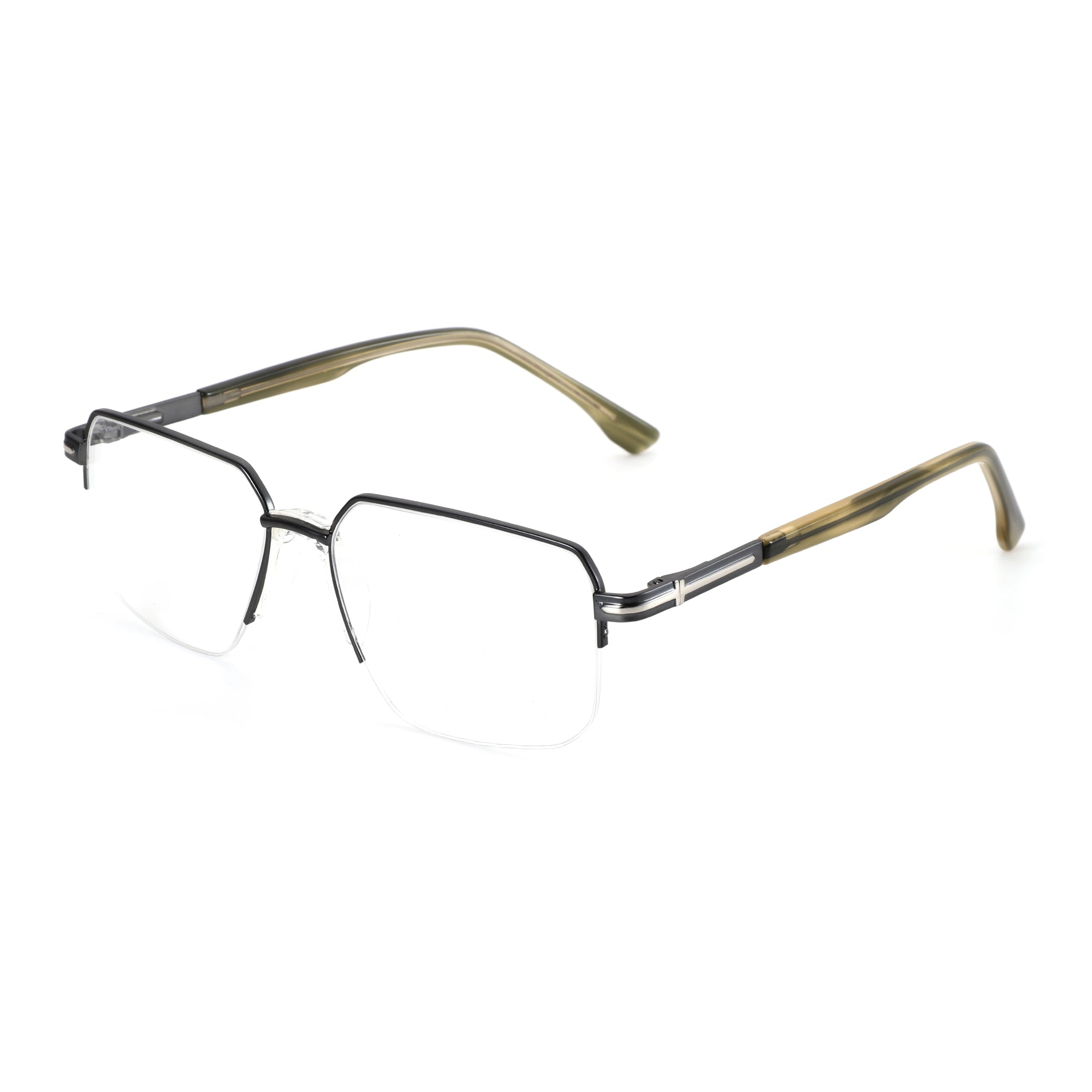 Zenottic Finn semi-rimless geometric eyeglasses with black metal frame, clear lenses, and olive green striped temple arms.