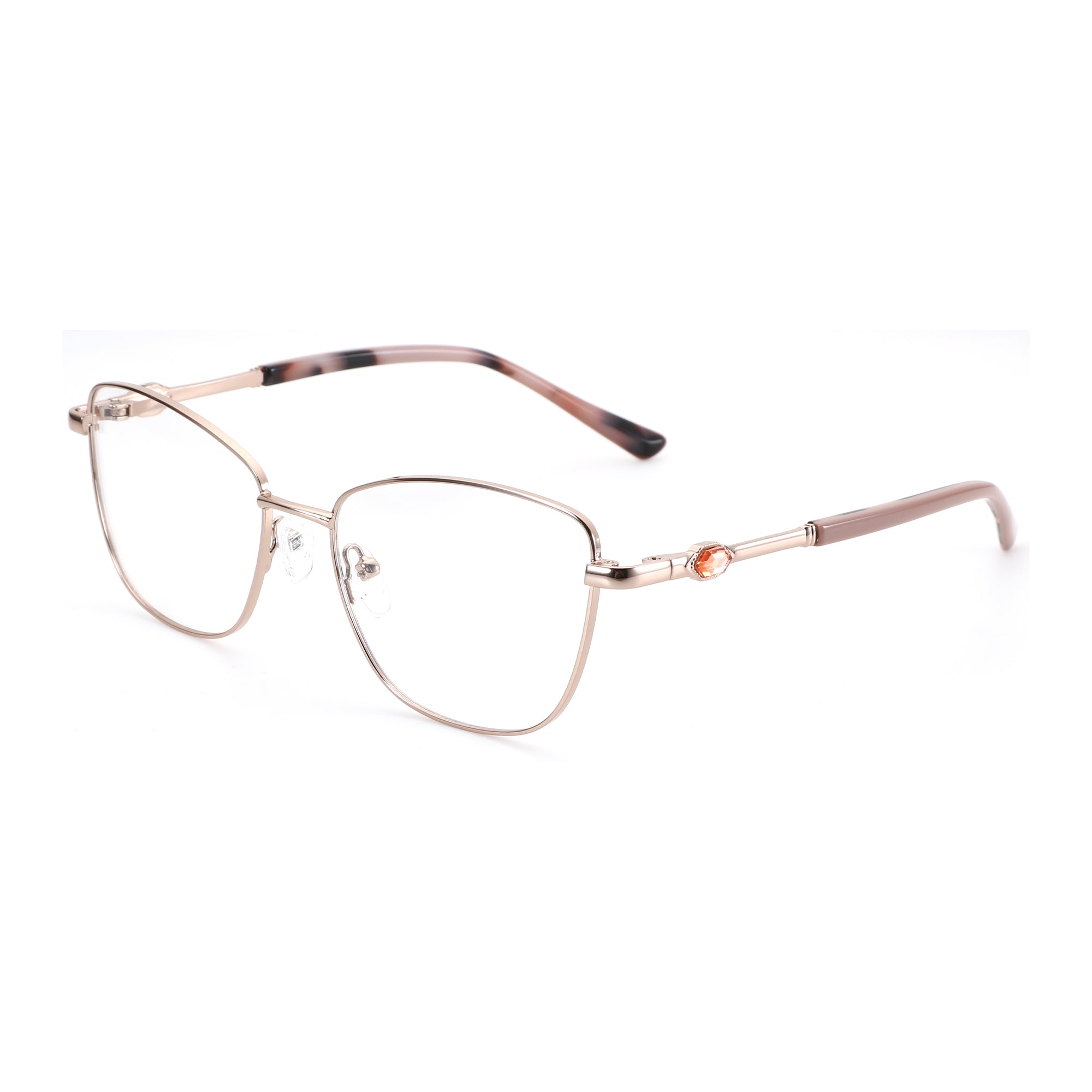 Zenottic Seren metal eyeglasses with rose-gold frame and amber gem accent. Fashion non-prescription glasses.