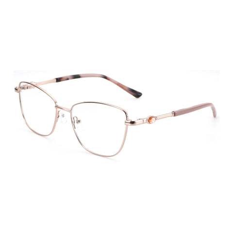 Zenottic Seren metal eyeglasses with rose-gold frame and amber gem accent. Fashion non-prescription glasses.