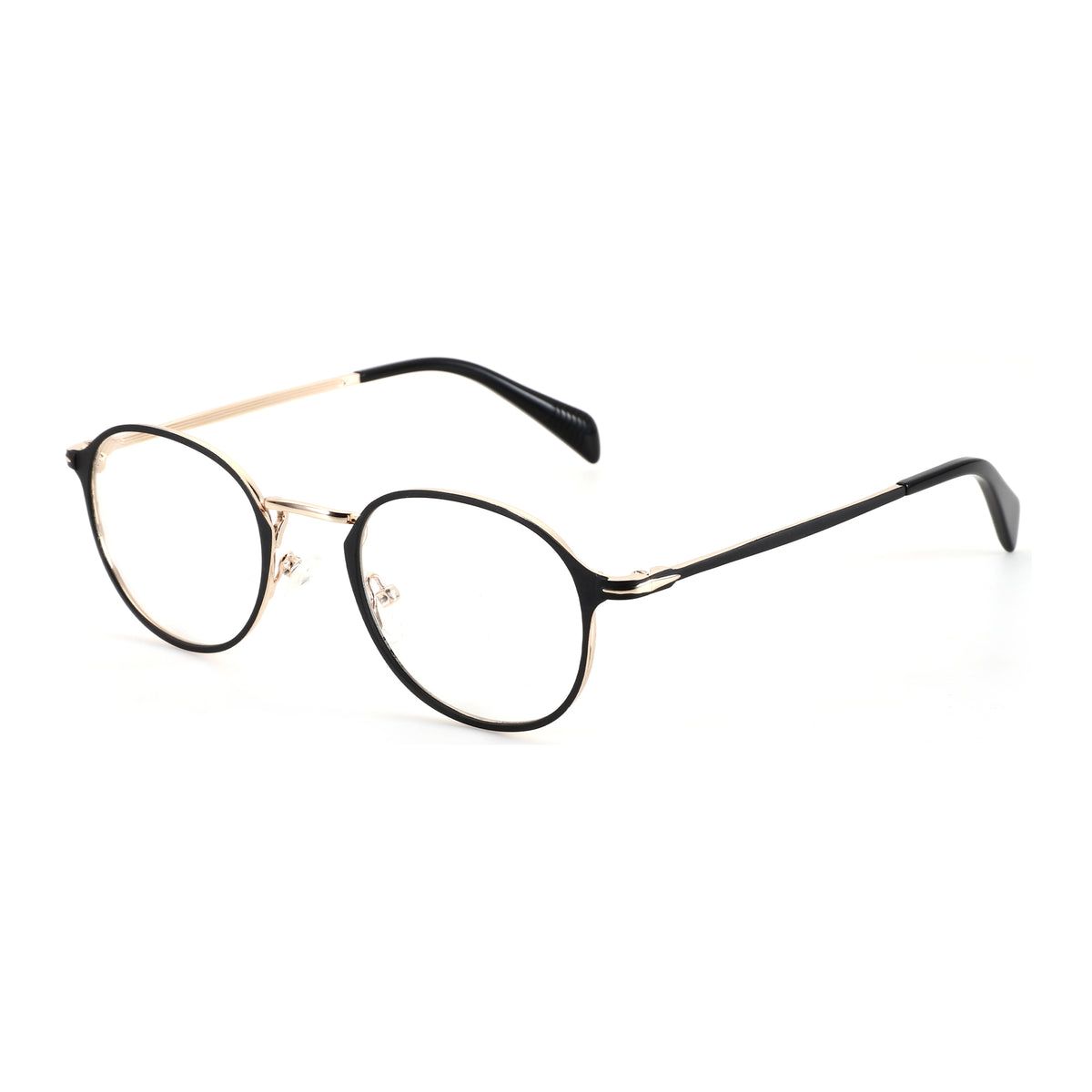 Zenottic Cheney eyeglasses with round black metal frame and gold temples.