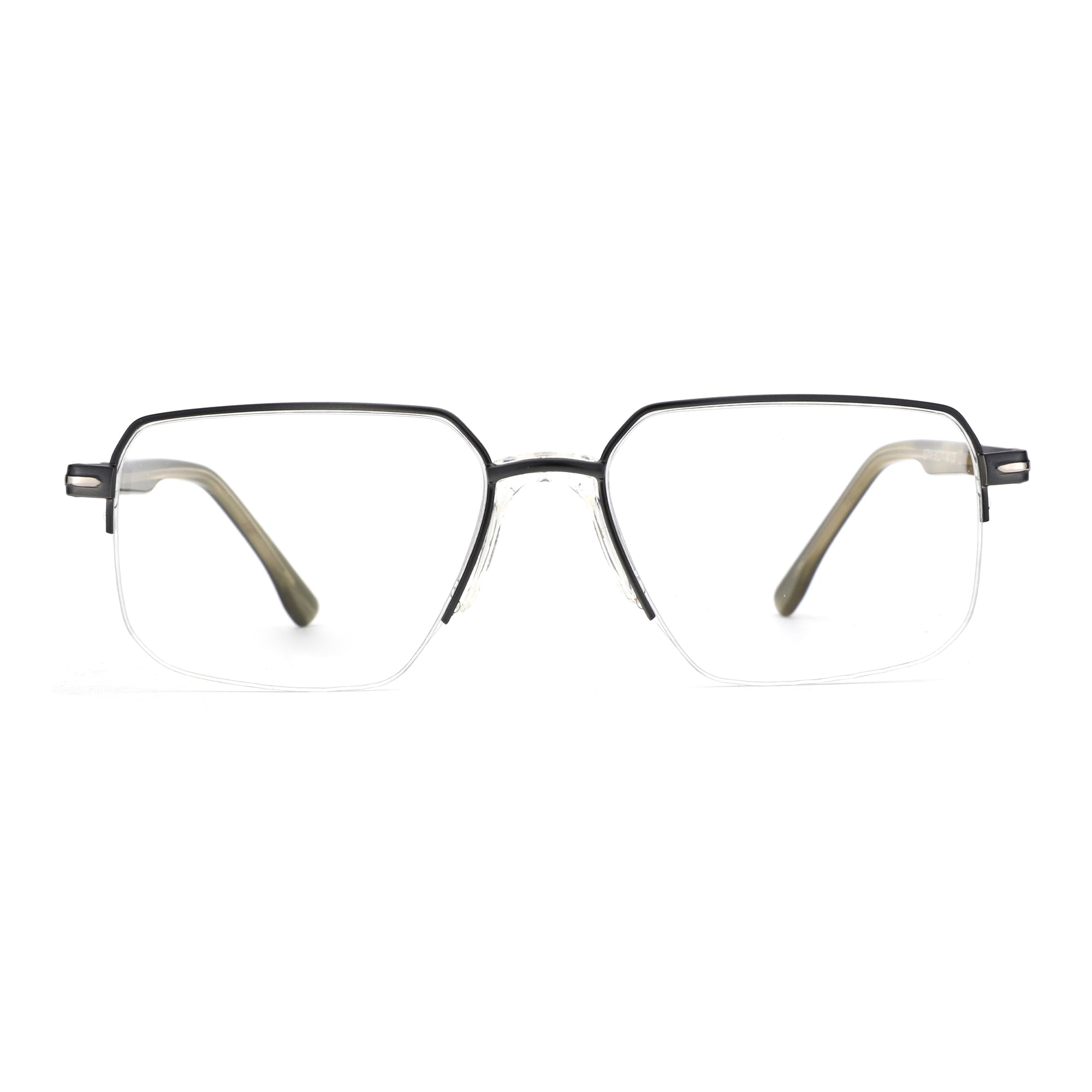 Zenottic Finn geometric semi-rimless eyeglasses with black top metal frame, clear lenses, and olive green temple arms.