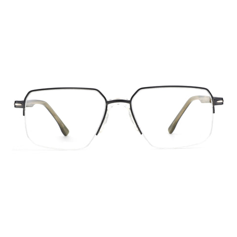 Zenottic Finn geometric semi-rimless eyeglasses with black top metal frame, clear lenses, and olive green temple arms.
