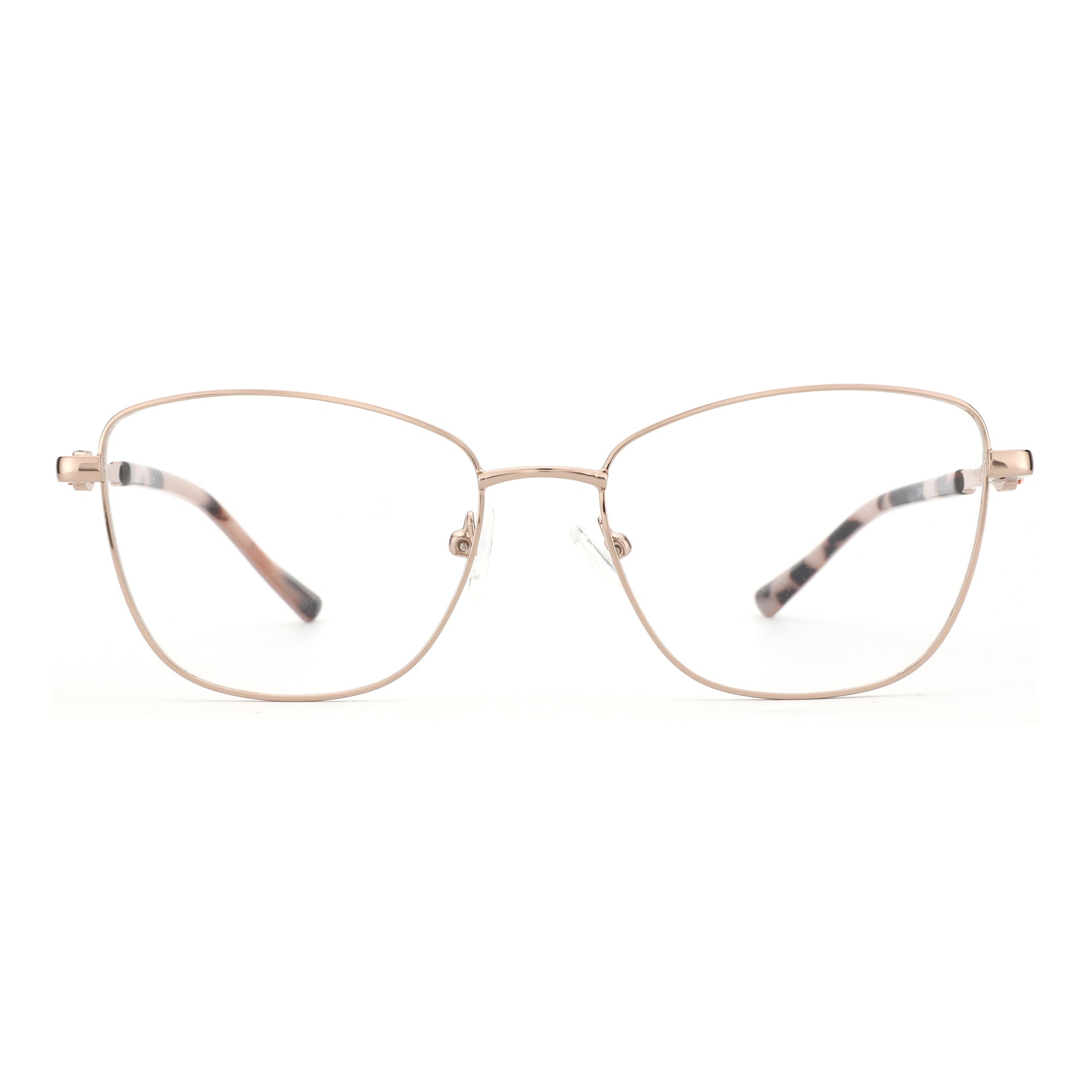 Zenottic Eyeglasses Seren: rose-gold metal square frame eyeglasses with tortoiseshell temple accents.