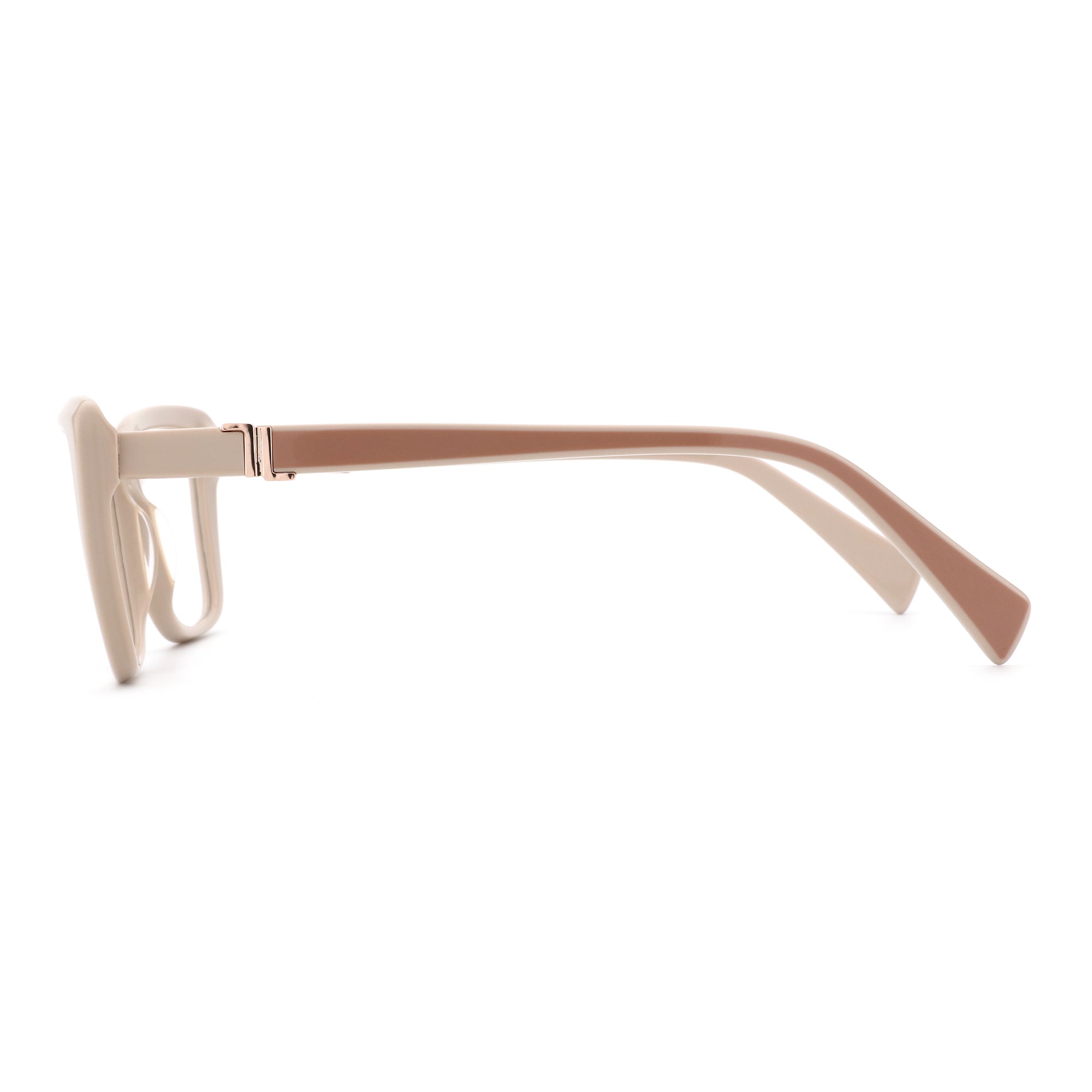 Side view of Zenottic Anja eyeglasses in beige acetate with rose gold hinge detail.