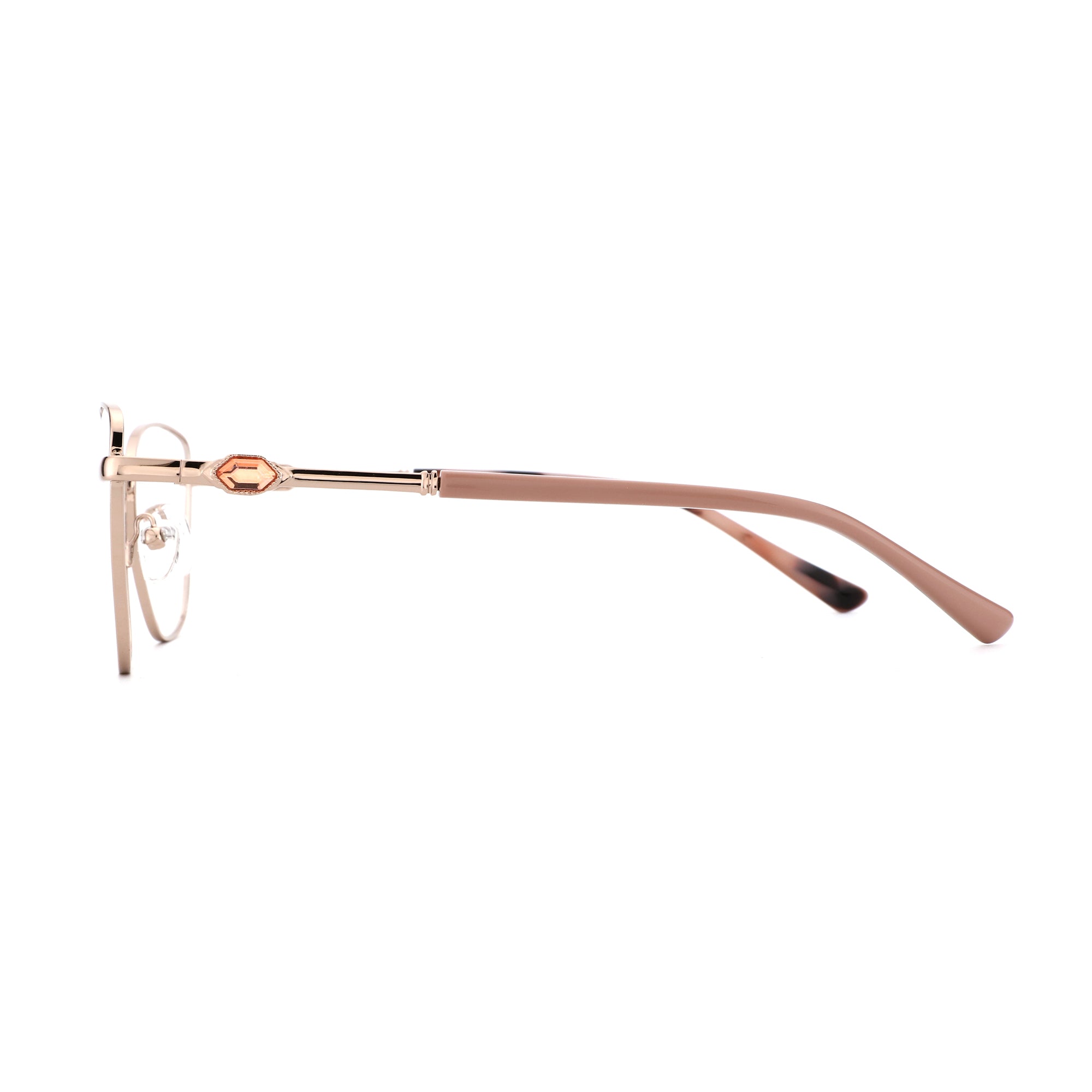 Zenottic Seren rose gold metal eyeglasses with decorative gemstone detail on the temple.