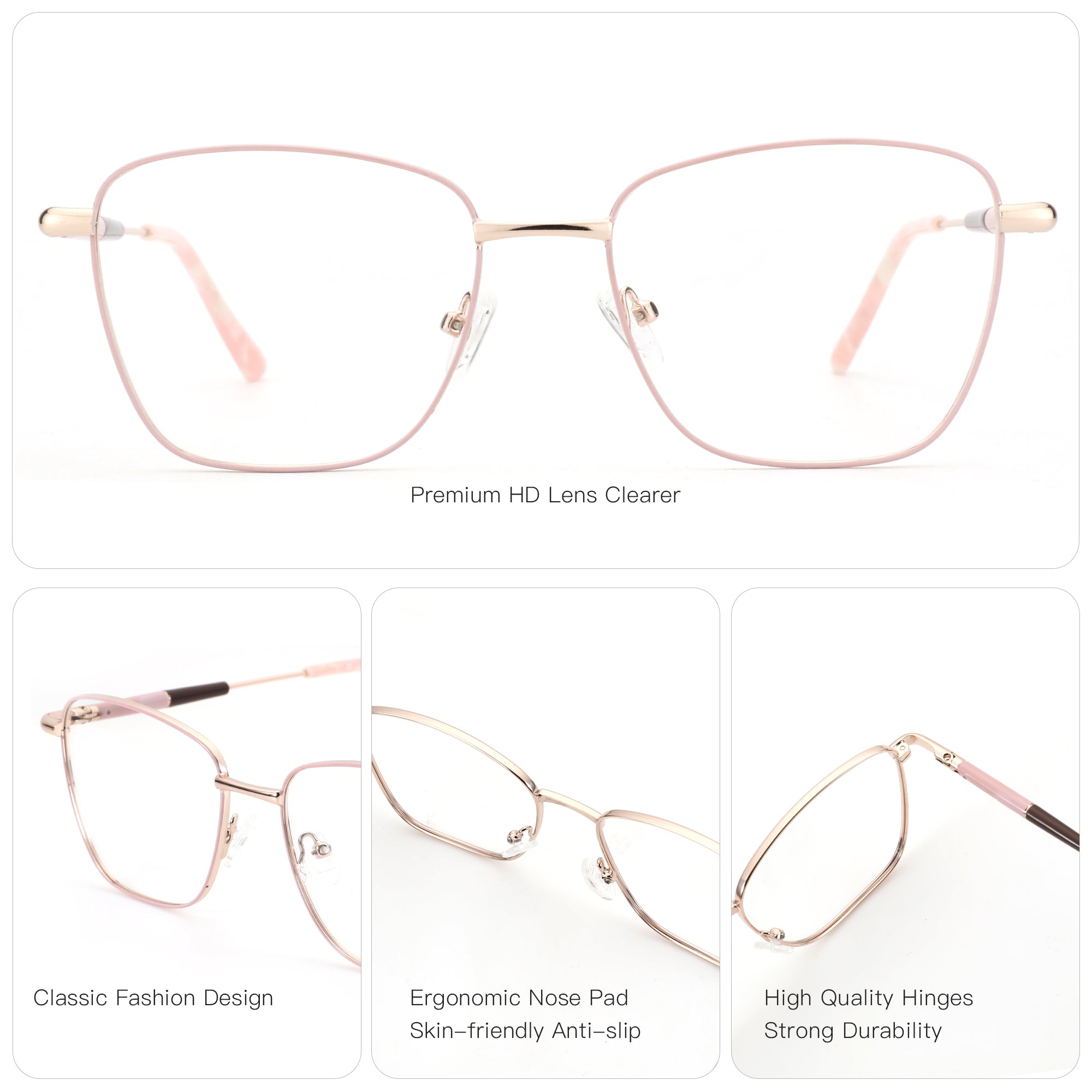 Zenottic Bblythe Eyeglasses: Pink metal frame, square, CH2005 52-18-140. HD lenses, classic design, comfortable fit.