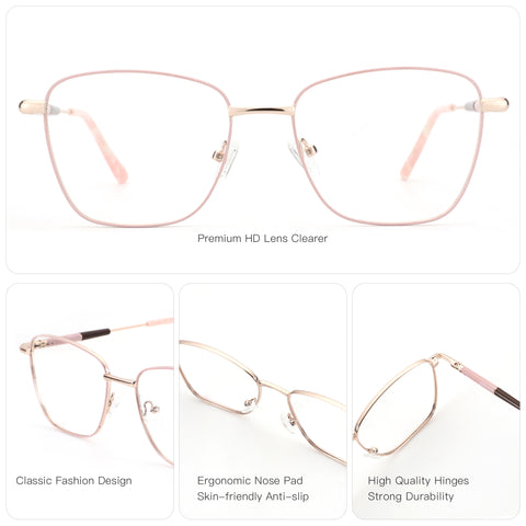 Zenottic Bblythe Eyeglasses: Pink metal frame, square, CH2005 52-18-140. HD lenses, classic design, comfortable fit.