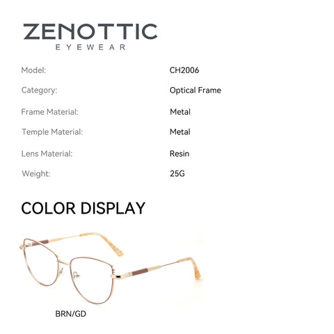 Zenottic Sibyl cat-eye eyeglasses CH2006 in rose gold metal frame with brown accents, Resin lenses.