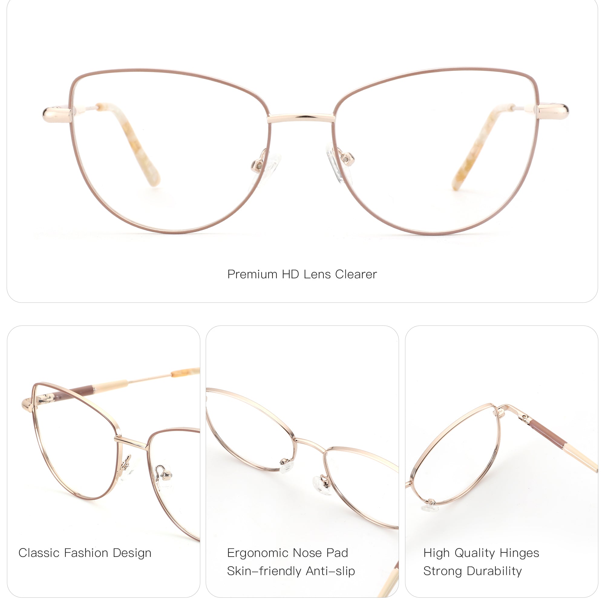 Zenottic Sibyl cat-eye eyeglasses, CH2006, rose gold metal frame, HD lens, ergonomic nose pads, and durable hinges.