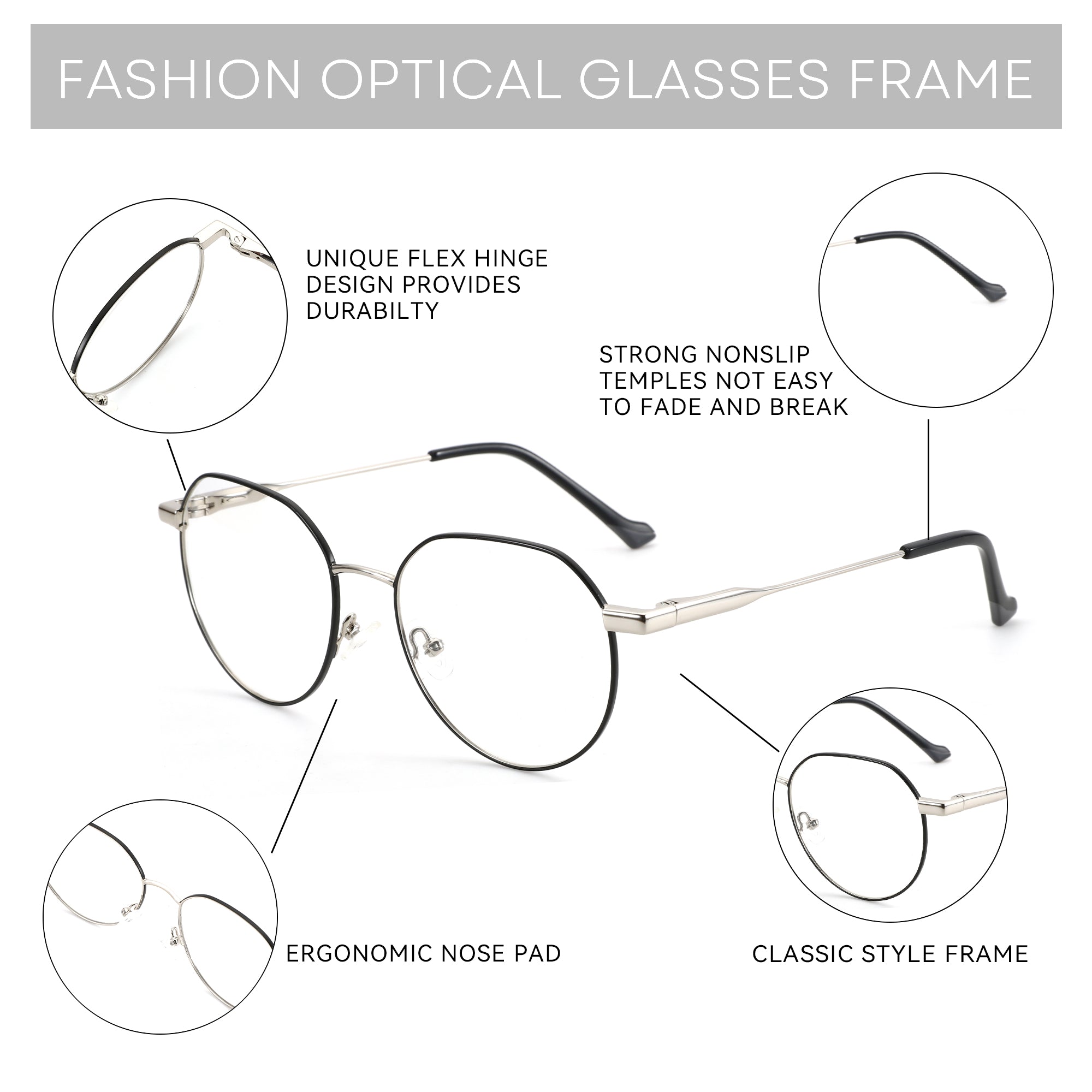 Zenottic geometric eyeglasses frame with metal and black rim, featuring flex hinge, nonslip temples, and ergonomic nose pad.