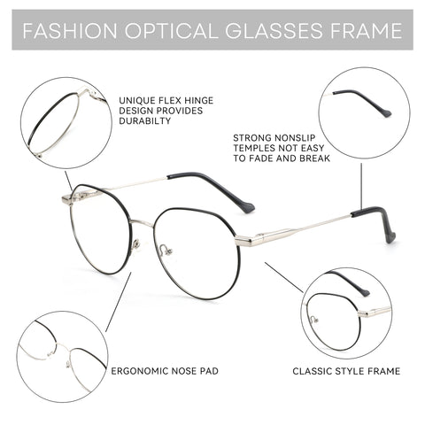 Zenottic geometric eyeglasses frame with metal and black rim, featuring flex hinge, nonslip temples, and ergonomic nose pad.