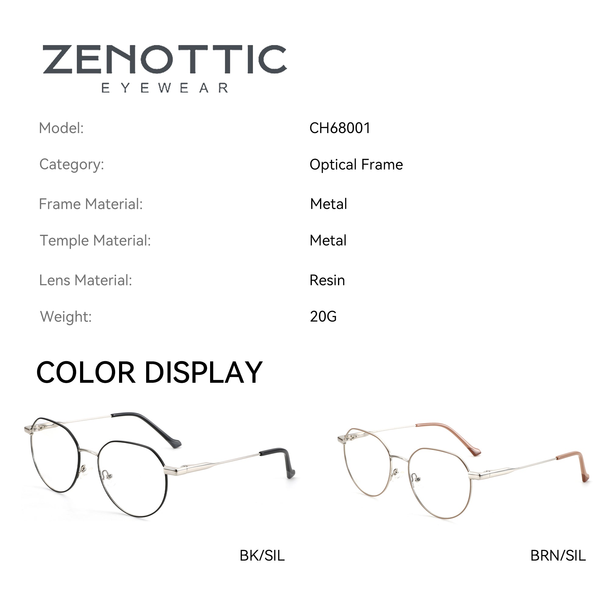 Zenottic CH68001 optical frame eyeglasses in metal with color options BK/SIL and BRN/SIL, resin lens.