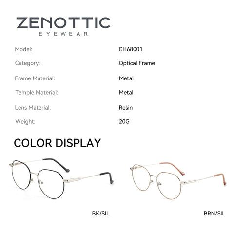 Zenottic CH68001 optical frame eyeglasses in metal with color options BK/SIL and BRN/SIL, resin lens.