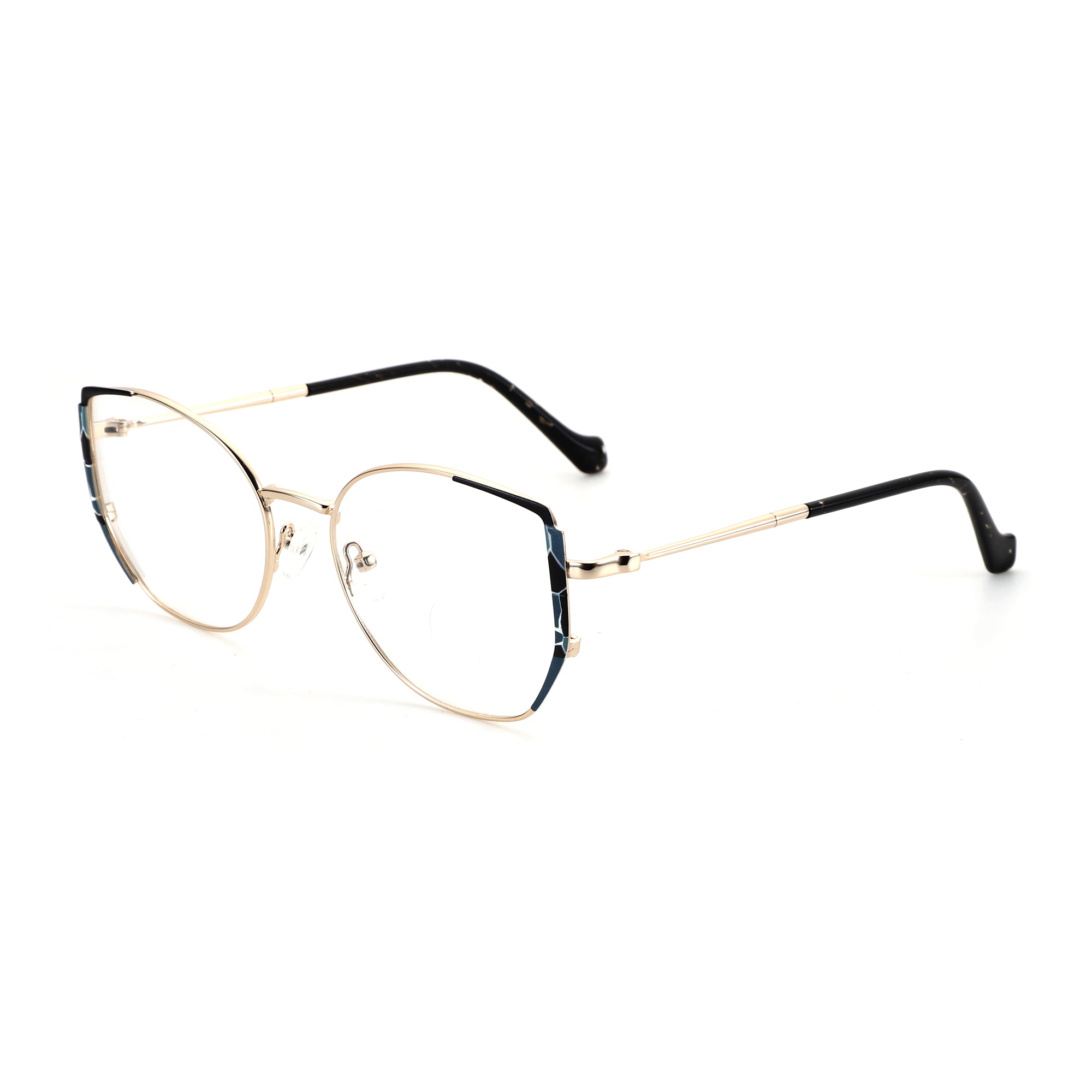ZENOTTIC Eyeglasses Ella: gold metal geometric female frame, blue accents, black temples.