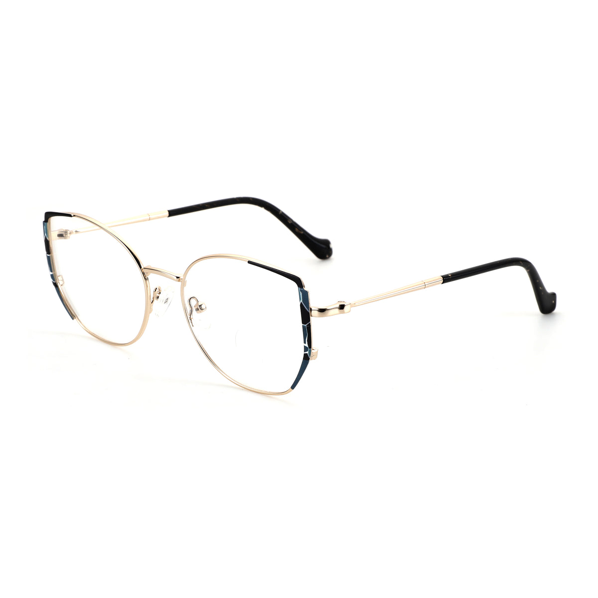 ZENOTTIC Eyeglasses Ella: gold metal geometric female frame, blue accents, black temples.