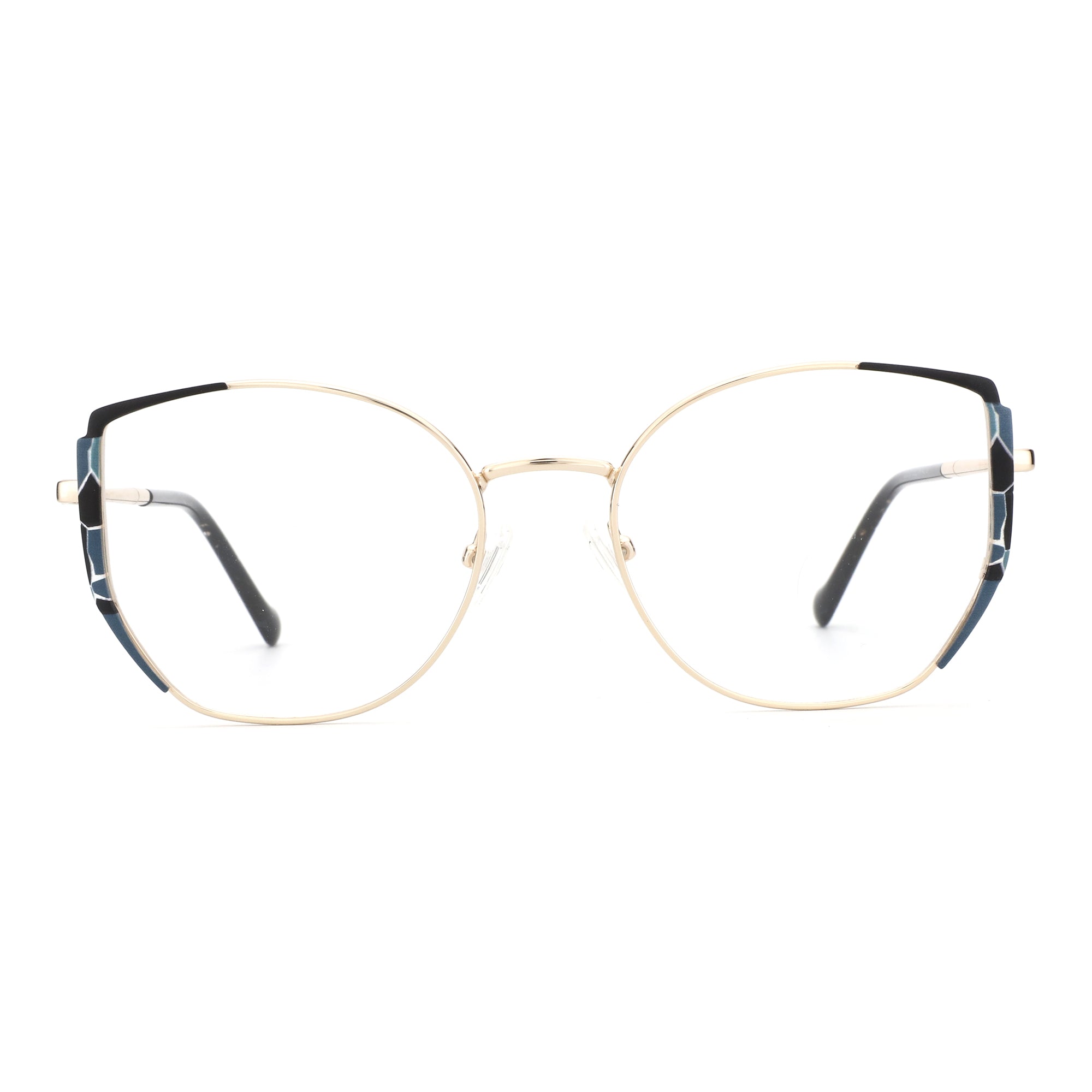 ZENOTTIC Eyeglasses Ella gold metal geometric frame with blue patterned sides.