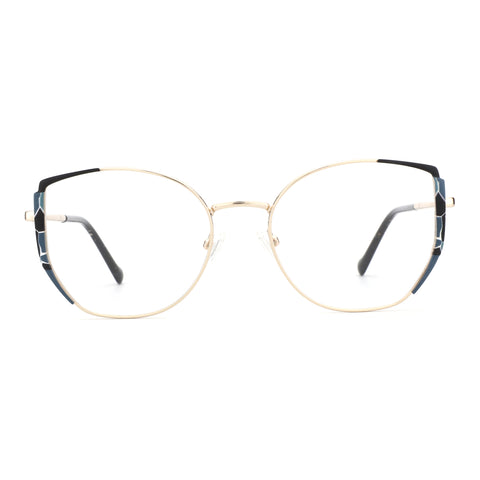 ZENOTTIC Eyeglasses Ella gold metal geometric frame with blue patterned sides.