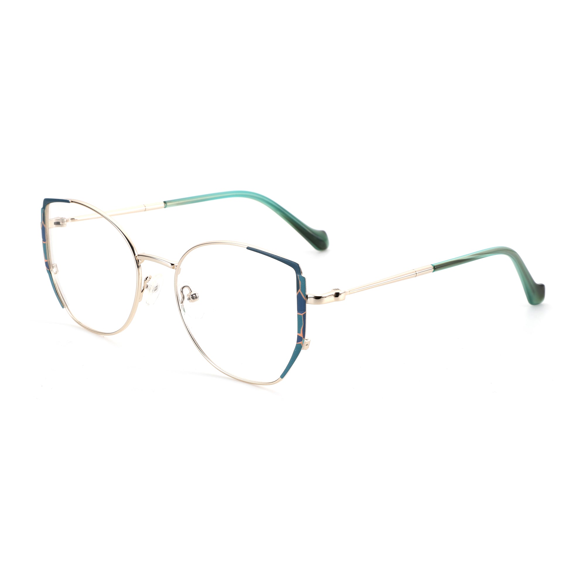 ZENOTTIC Ella geometric eyeglasses: gold metal frame, teal accents, gradient green temples.