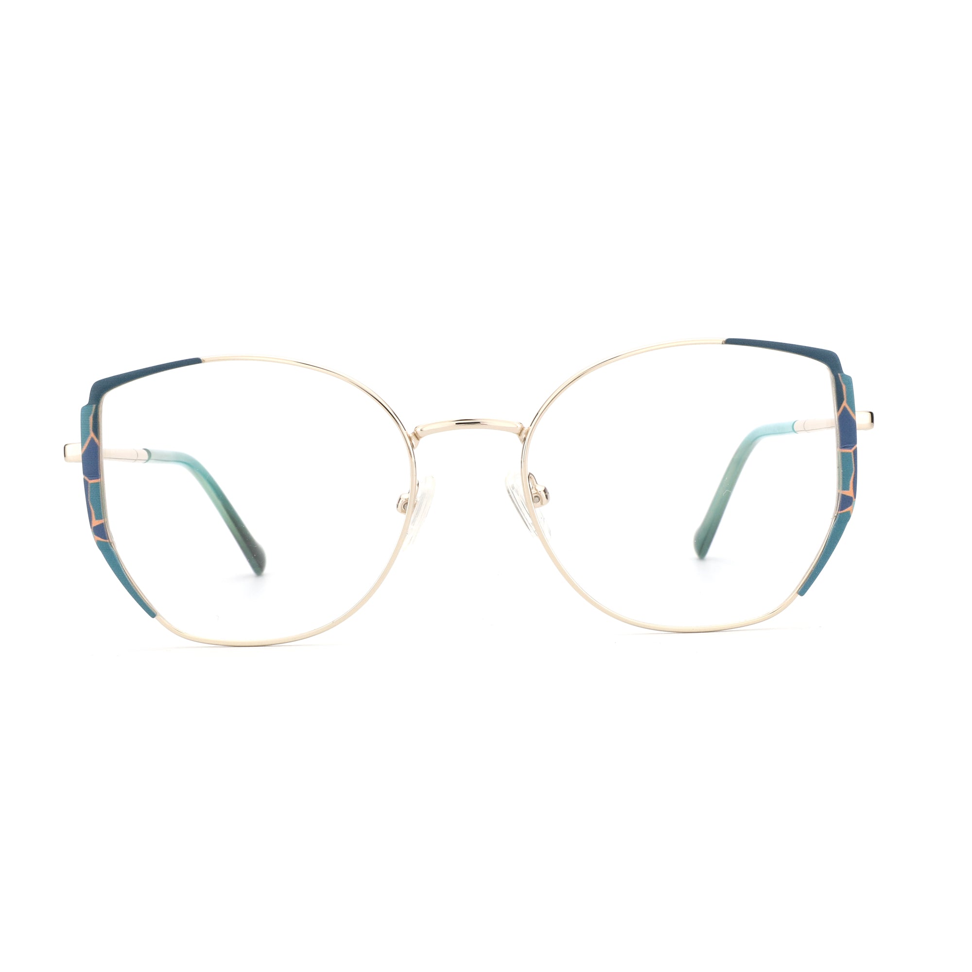 Women's ZENOTTIC Ella geometric metal eyeglasses in gold with blue accents.