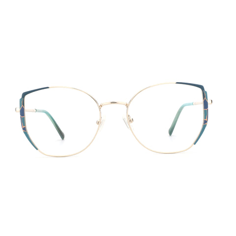 Women's ZENOTTIC Ella geometric metal eyeglasses in gold with blue accents.