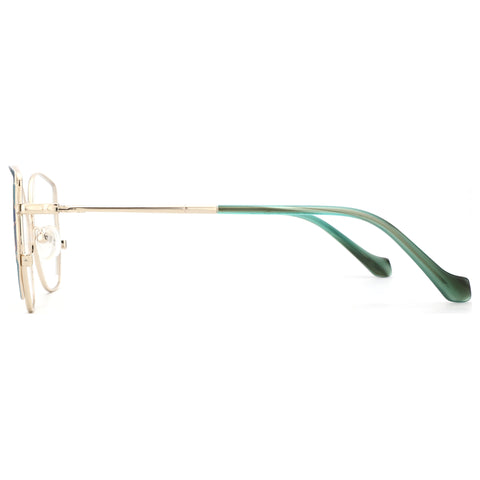 ZENOTTIC Ella women's geometric eyeglasses: gold metal frame, clear lens, green gradient temples.