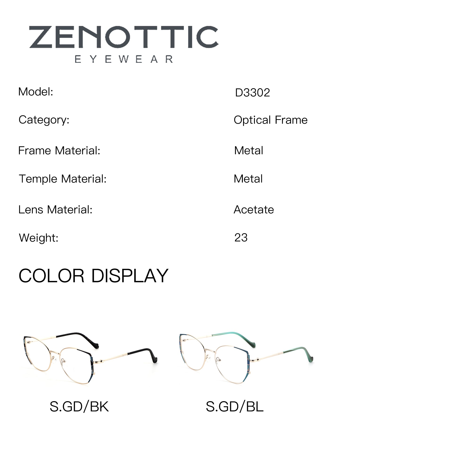 ZENOTTIC Ella eyeglasses D3302: gold metal geometric frame in black & teal