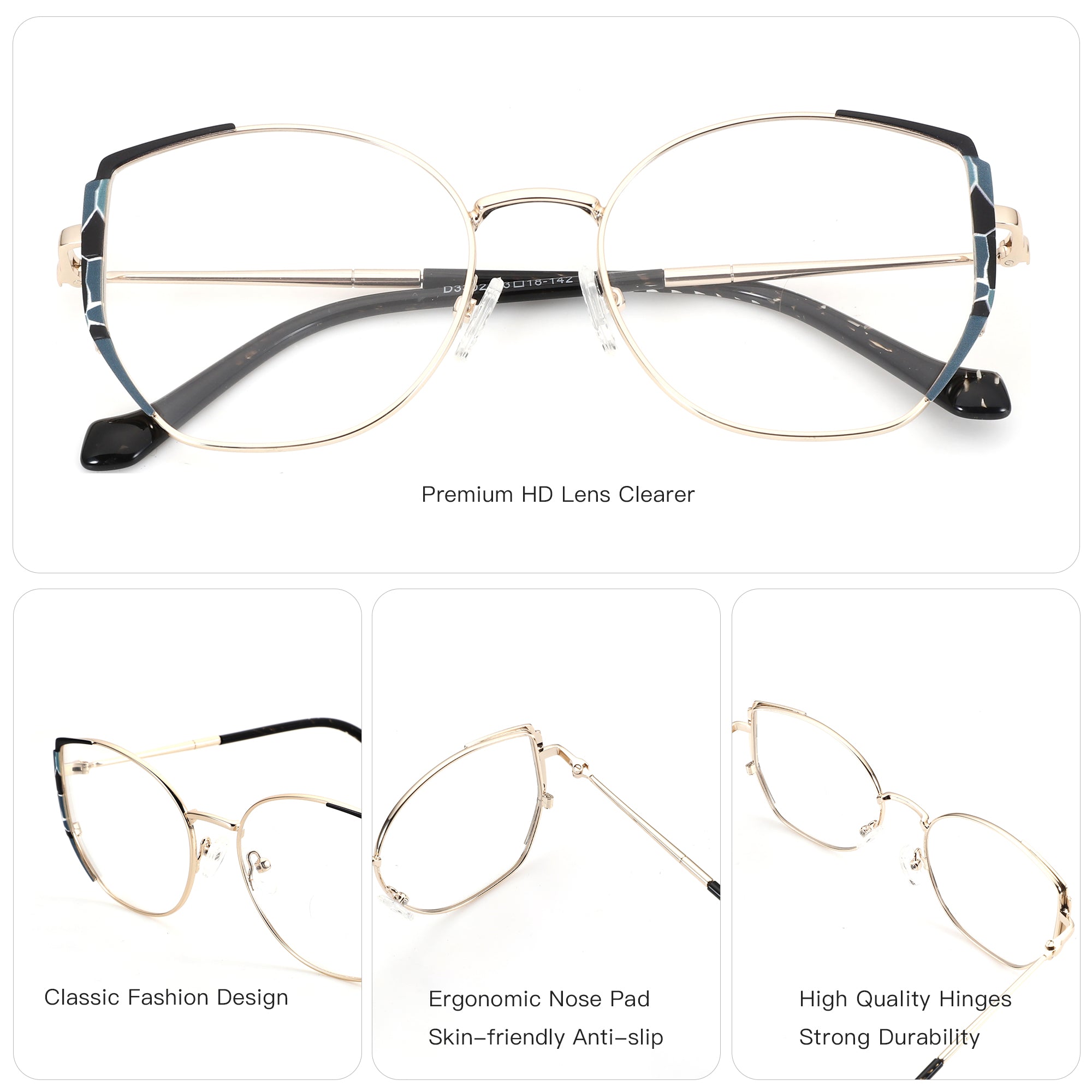 ZENOTTIC Ella eyeglasses: gold metal geometric frame, patterned temples, female style.