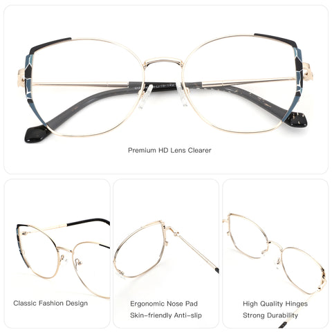 ZENOTTIC Ella eyeglasses: gold metal geometric frame, patterned temples, female style.