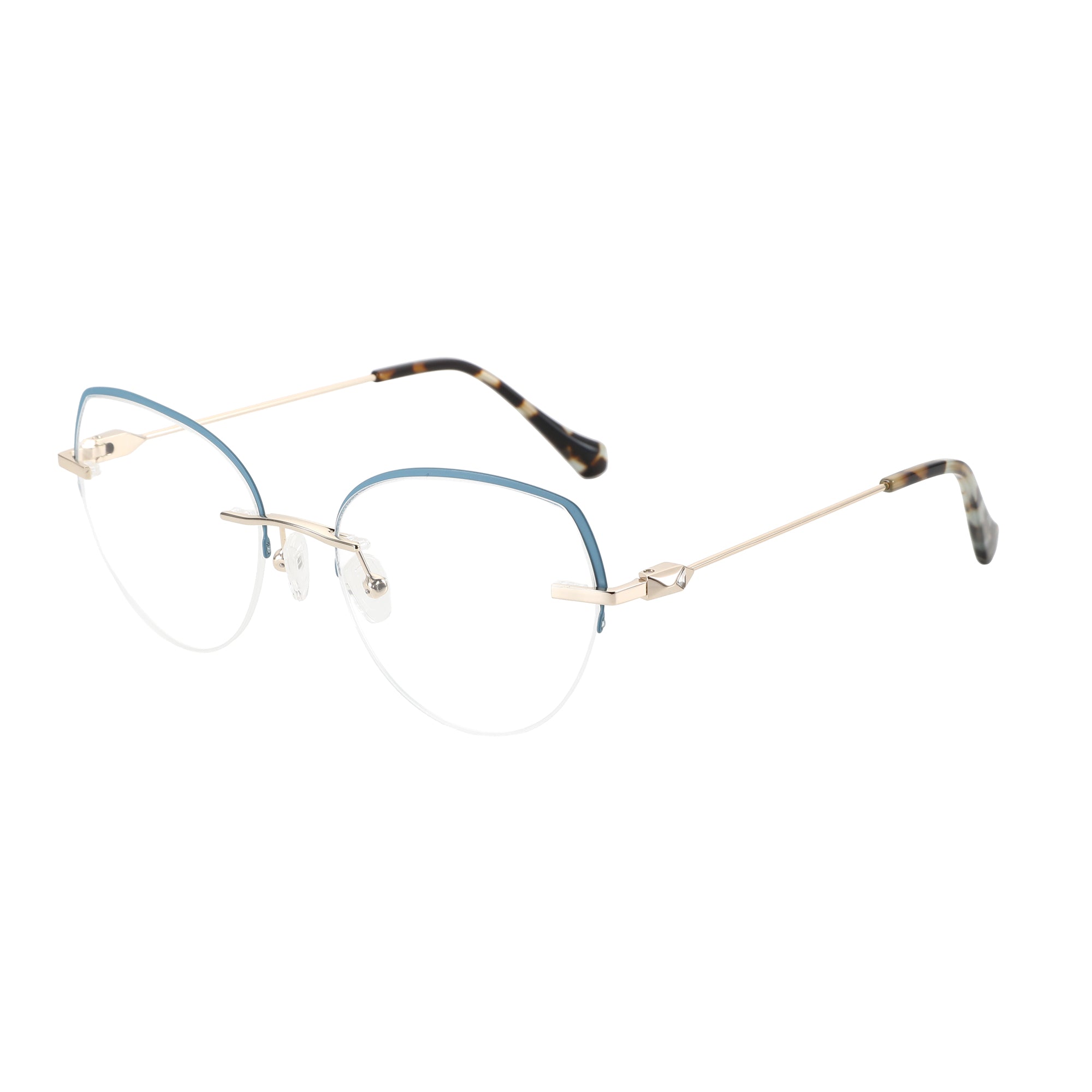 ZENOTTIC Cherry eyeglasses: Blue metal cat-eye frame with tortoiseshell temples and clear demo lenses.
