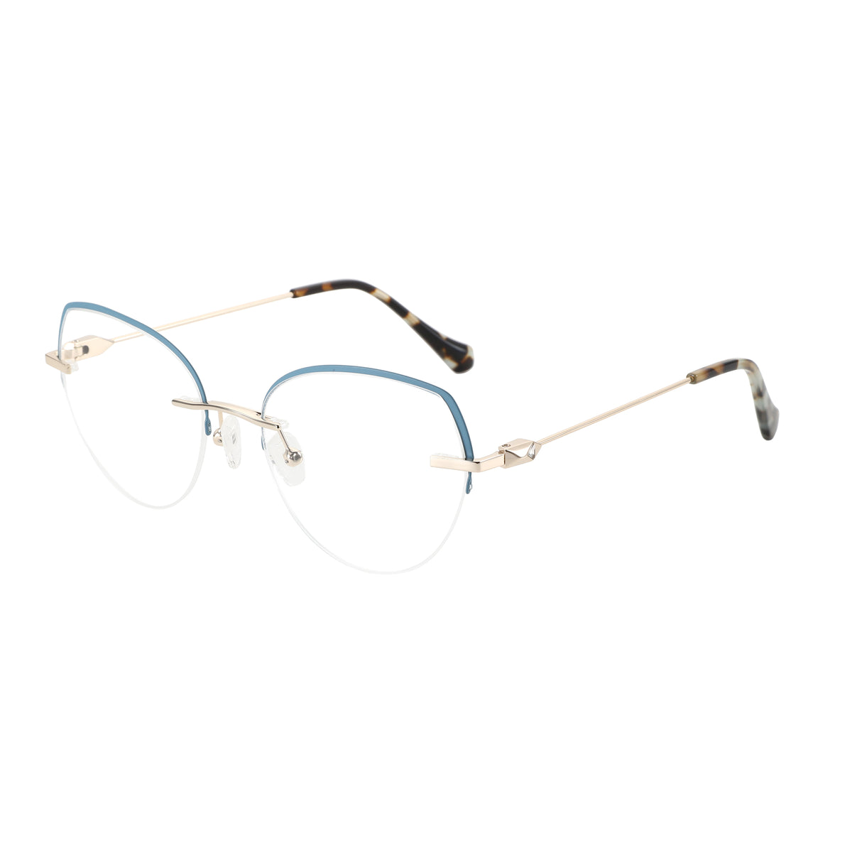 ZENOTTIC Cherry eyeglasses: Blue metal cat-eye frame with tortoiseshell temples and clear demo lenses.