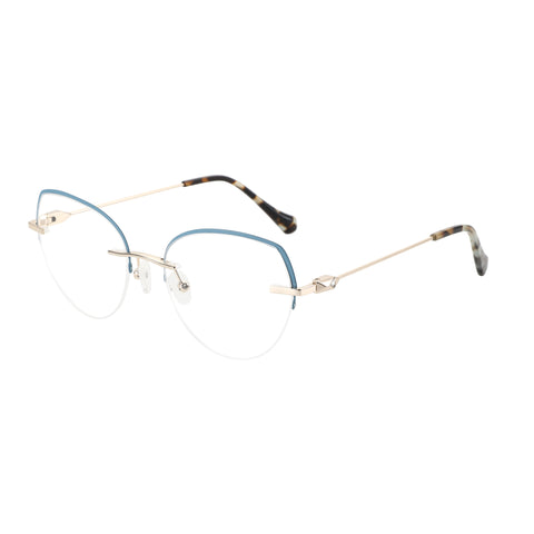 ZENOTTIC Cherry eyeglasses: Blue metal cat-eye frame with tortoiseshell temples and clear demo lenses.