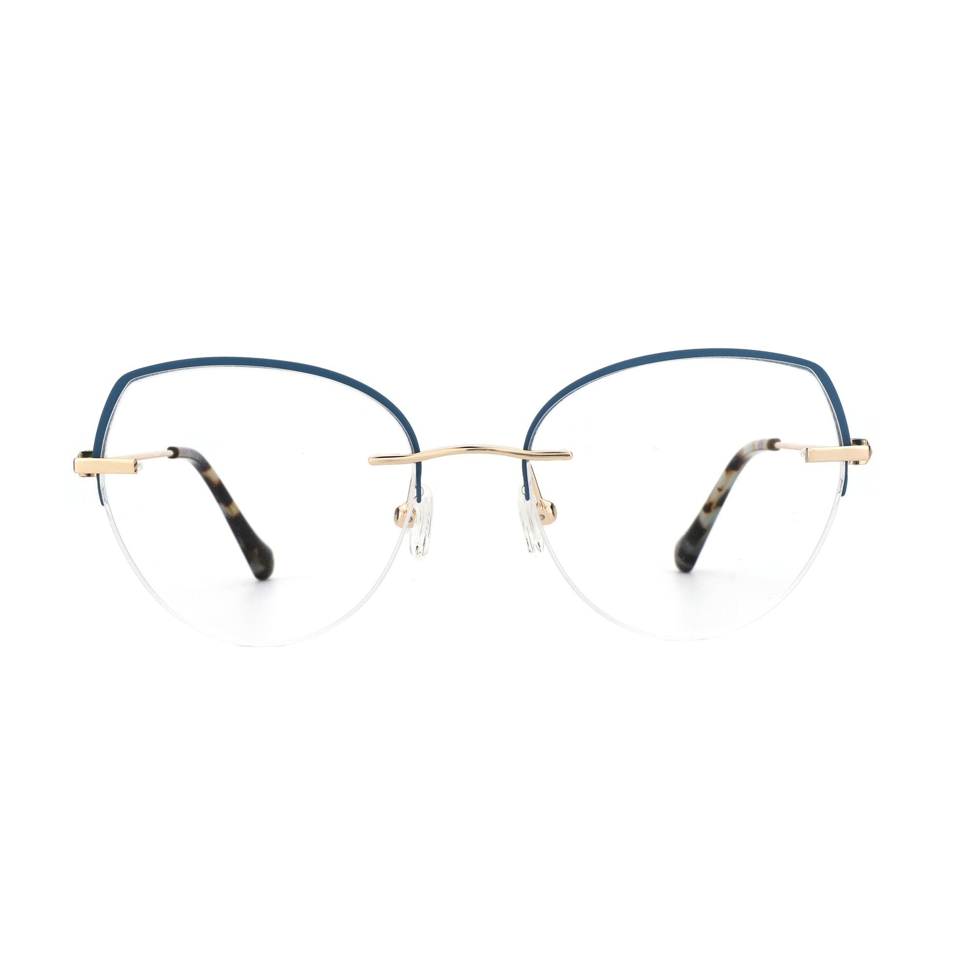 ZENOTTIC Cherry cat eye eyeglasses with blue metal frame, gold accents, tortoise temples.
