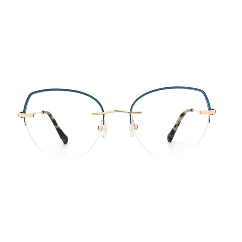 ZENOTTIC Cherry cat eye eyeglasses with blue metal frame, gold accents, tortoise temples.