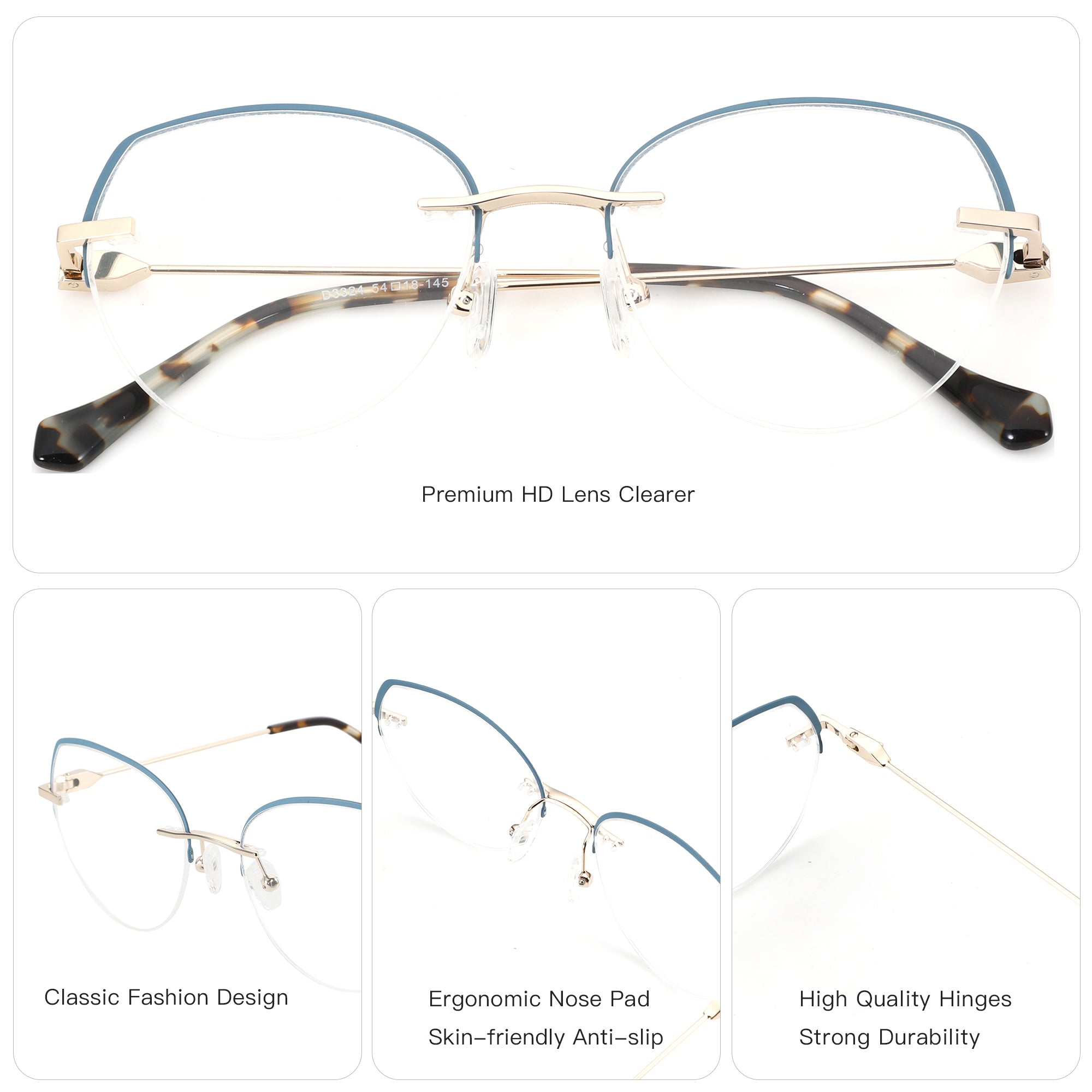 ZENOTTIC Cherry eyeglasses: Blue metal browline, cat eye shape, clear lenses, tortoiseshell temples.