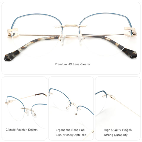ZENOTTIC Cherry eyeglasses: Blue metal browline, cat eye shape, clear lenses, tortoiseshell temples.