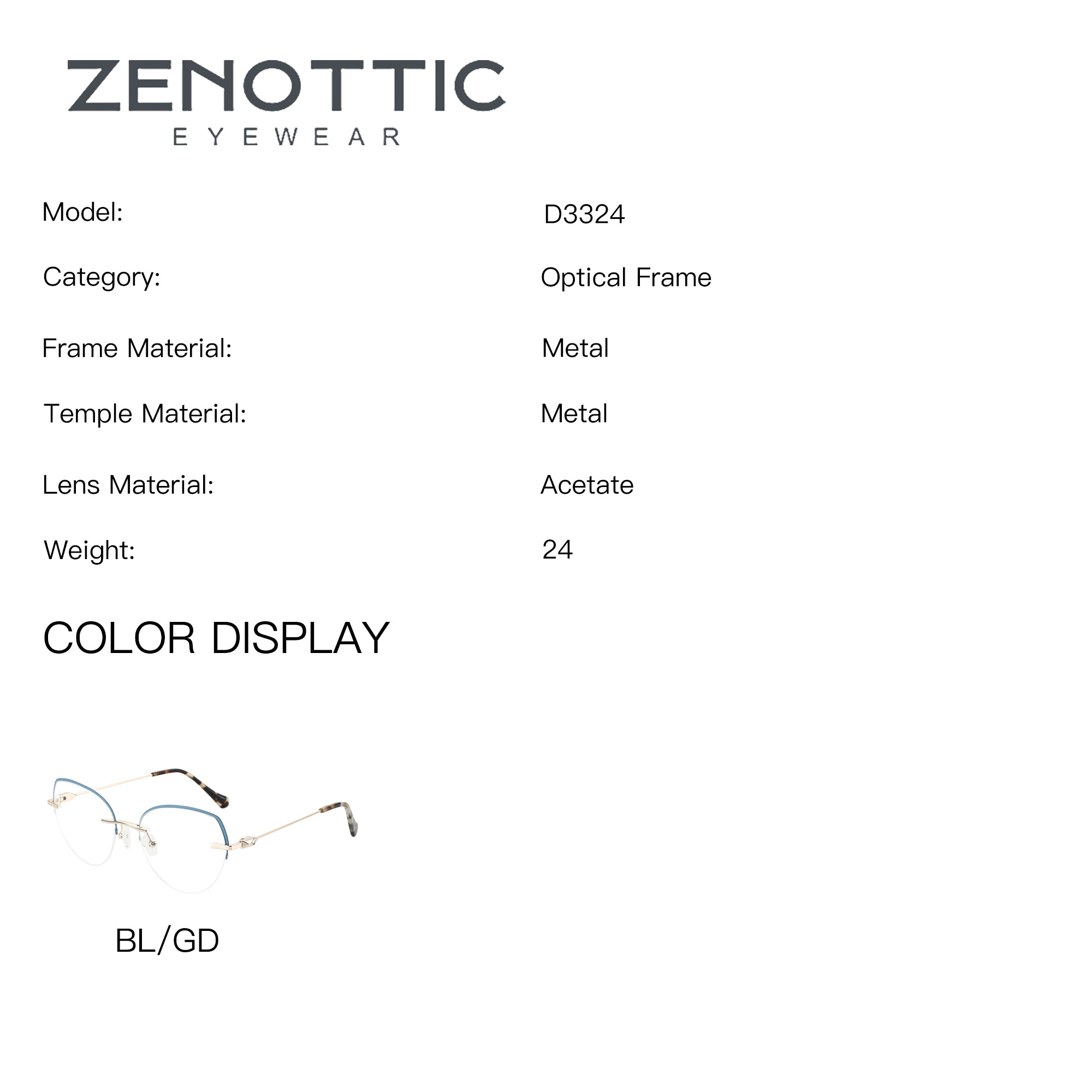 ZENOTTIC Cherry eyeglasses D3324: BL/GD blue/gold metal cat-eye frame.
