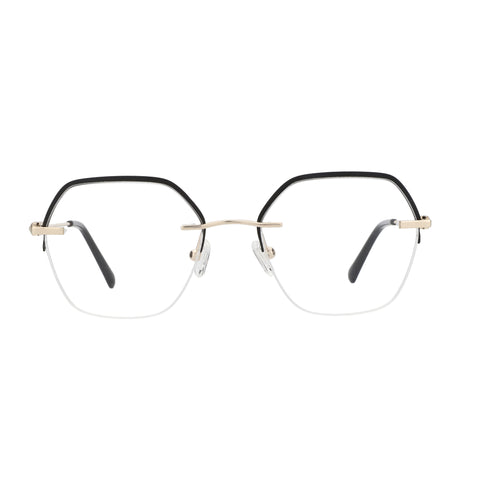 ZENOTTIC Aimee geometric eyeglasses: black metal top rim, gold accents, clear lenses.