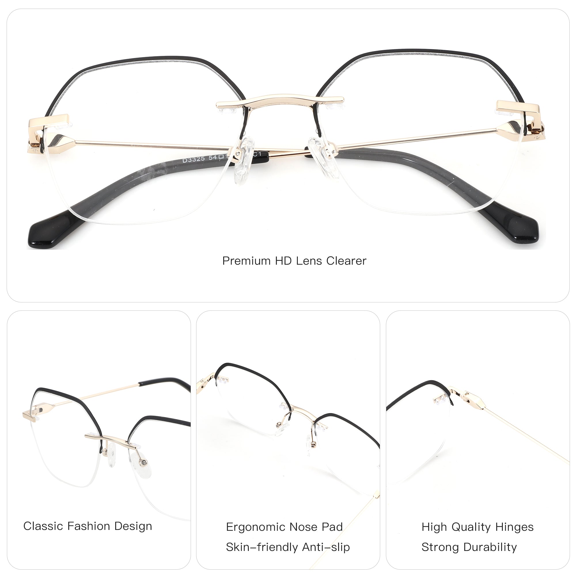 ZENOTTIC Aimee women's geometric fashion eyeglasses with clear lenses and gold metal accents.