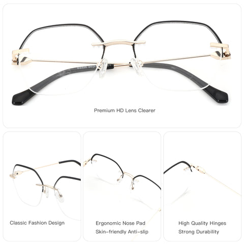 ZENOTTIC Aimee women's geometric fashion eyeglasses with clear lenses and gold metal accents.