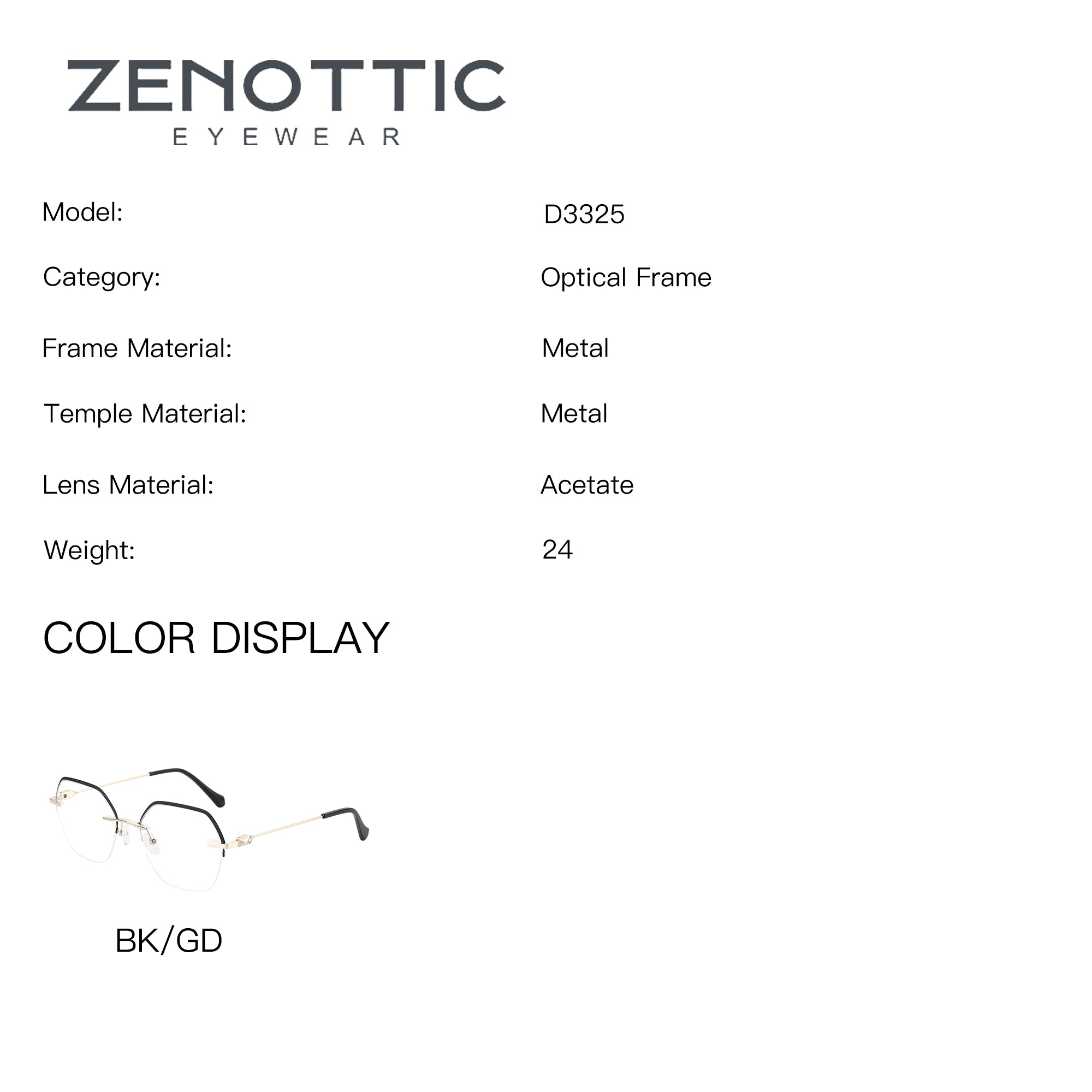ZENOTTIC Aimee women's geometric eyeglasses: metal frame, clear lens, BK/GD.