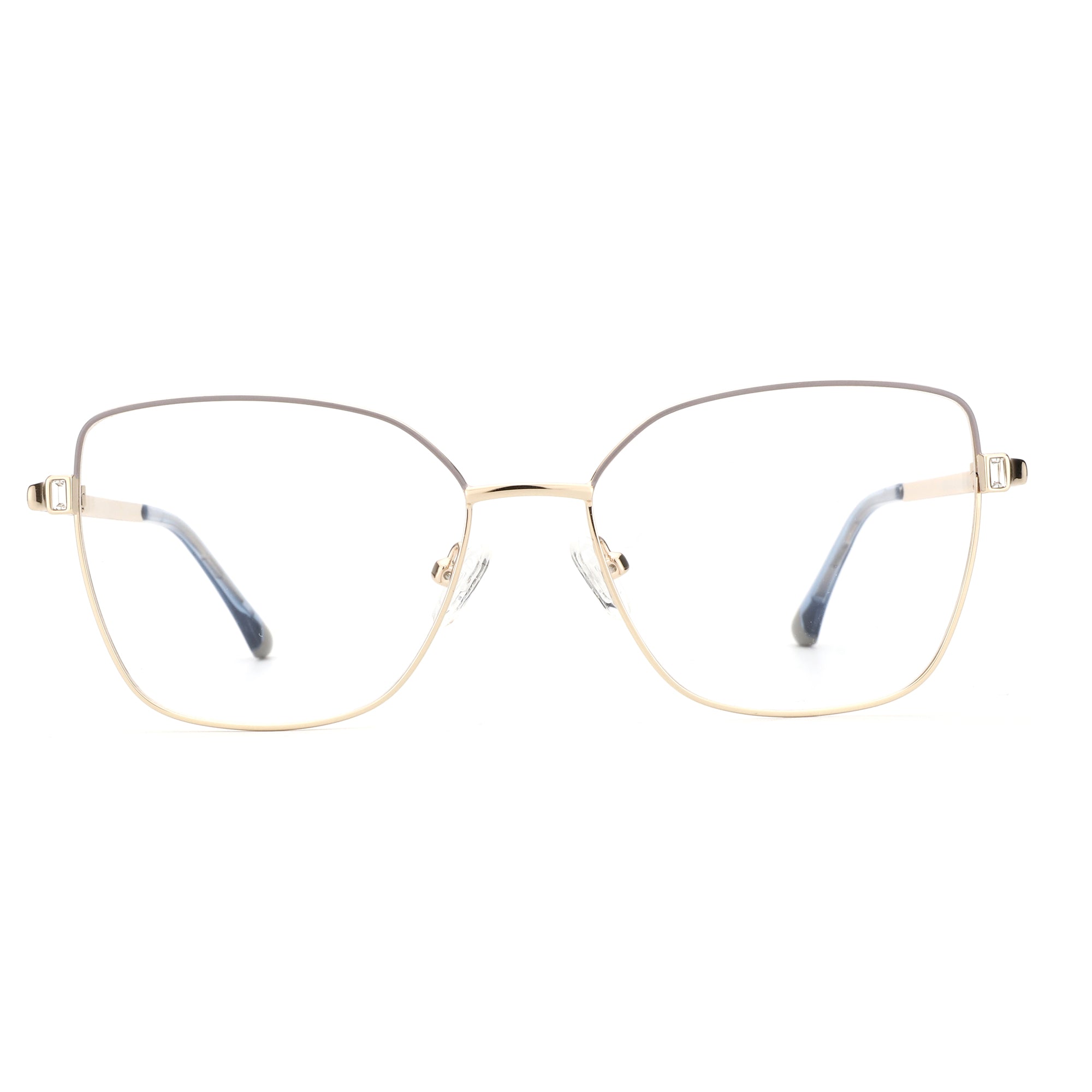 Zenottic Isabella eyeglasses: gold metal cat eye frame, clear lenses, crystal detail.