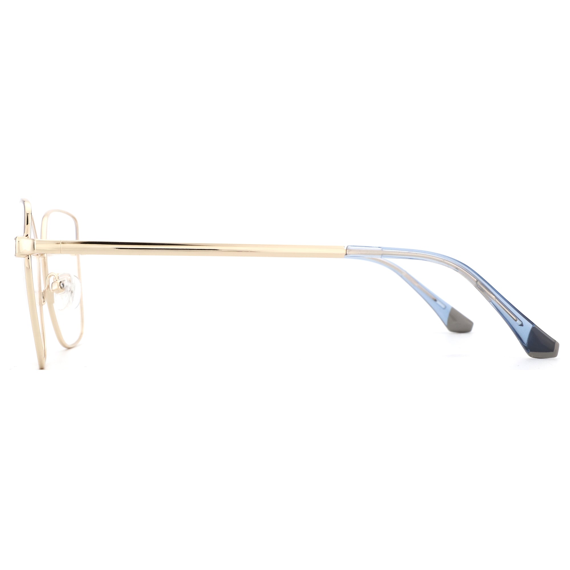 Zenottic Isabella eyeglasses: gold metal cat eye frame, blue accents, clear demo lenses.