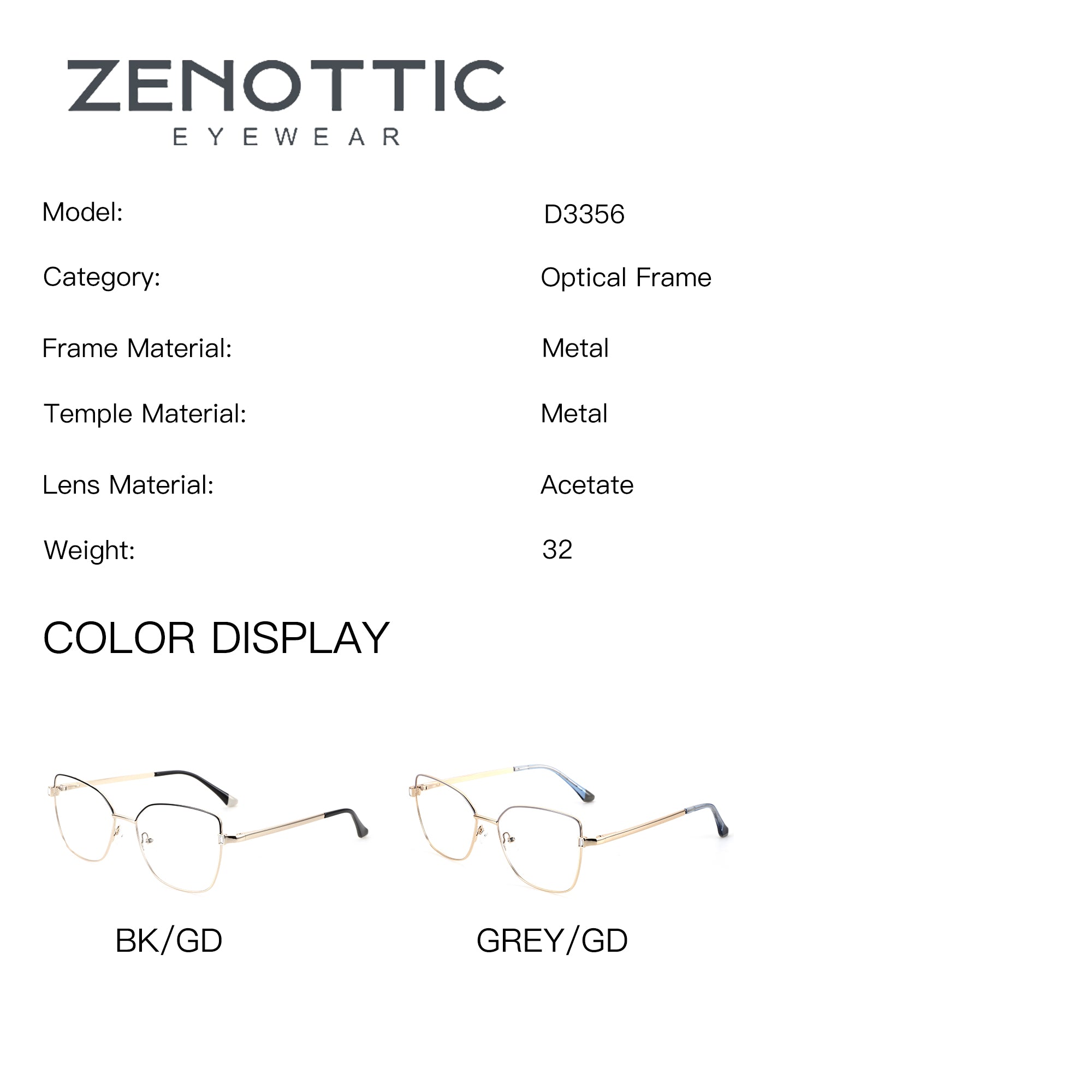 ZENOTTIC D3356 Metal Cat Eye Optical Eyeglasses, BK/GD & GREY/GD