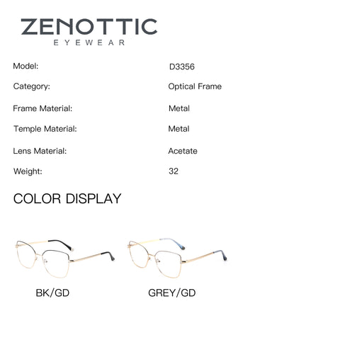 ZENOTTIC D3356 Metal Cat Eye Optical Eyeglasses, BK/GD & GREY/GD