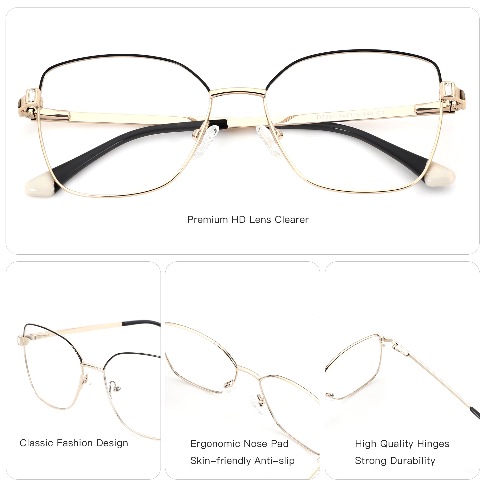 Zenottic Isabella gold metal cat eye eyeglasses D3356 with clear lenses and decorative accents.