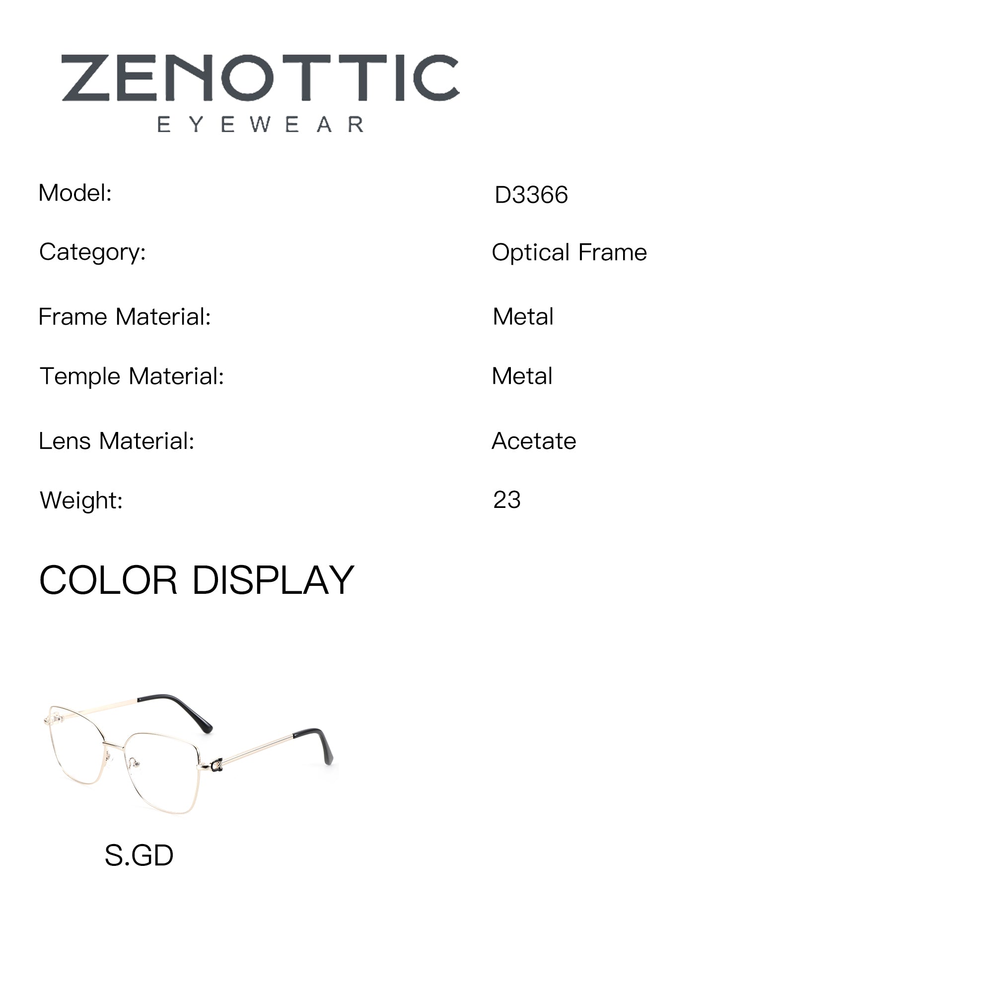Zenottic Angela eyeglasses D3366 S.GD: gold metal frame, clear lenses.