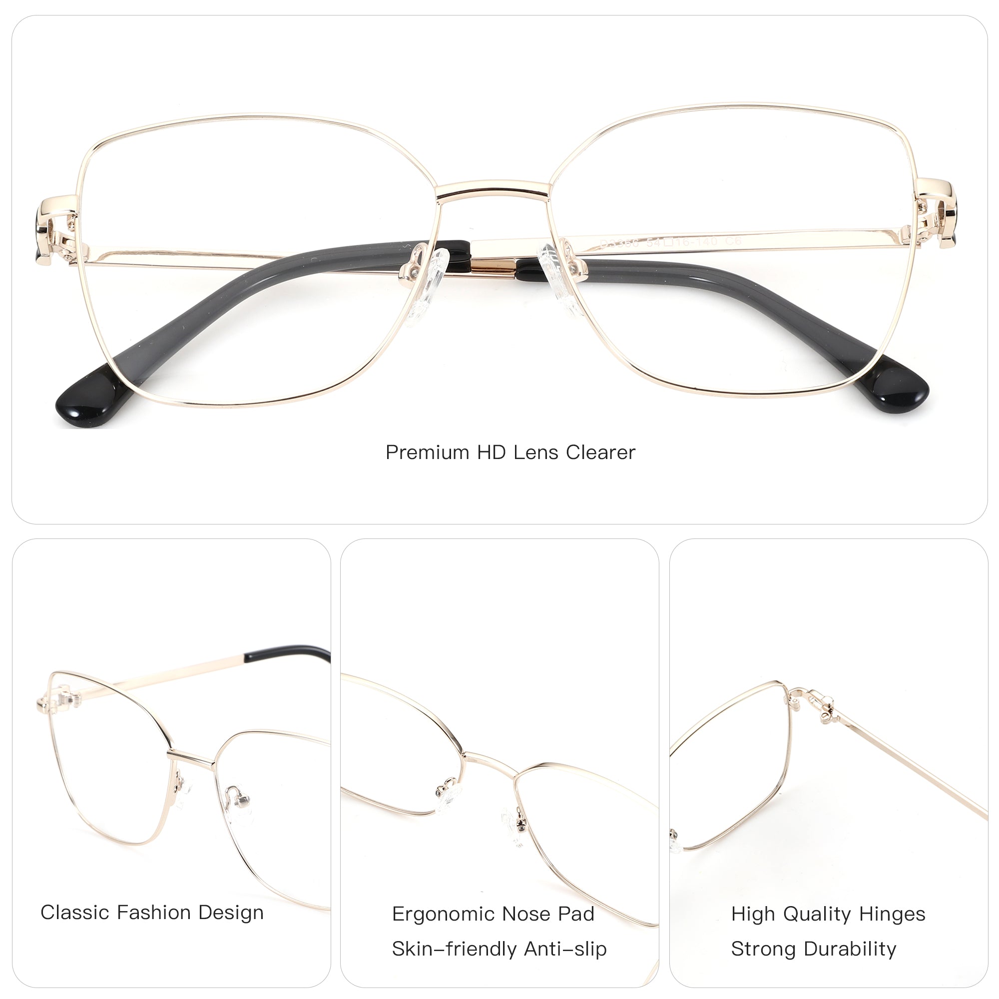 ZENOTTIC Angela eyeglasses: Gold metal frame, cat eye style, clear lenses, ergonomic nose pads.