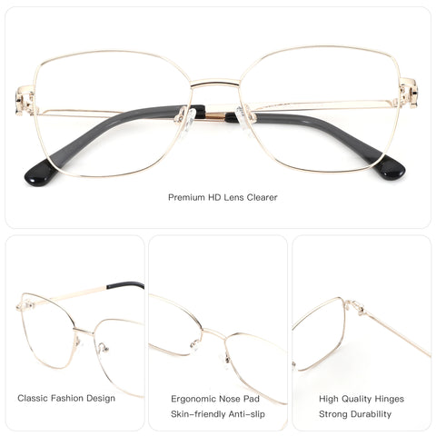 ZENOTTIC Angela eyeglasses: Gold metal frame, cat eye style, clear lenses, ergonomic nose pads.
