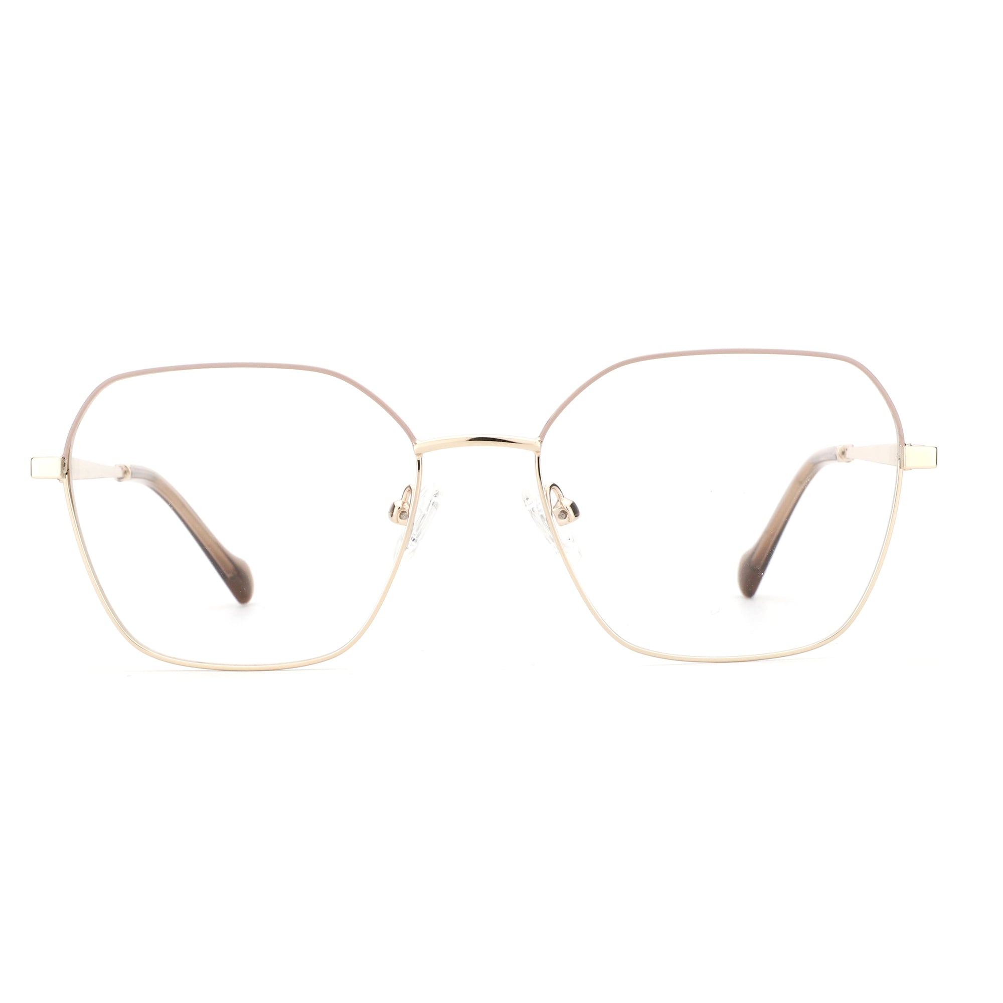 ZENOTTIC Tracy geometric eyeglasses, light gold metal full-rim, clear demo lenses.
