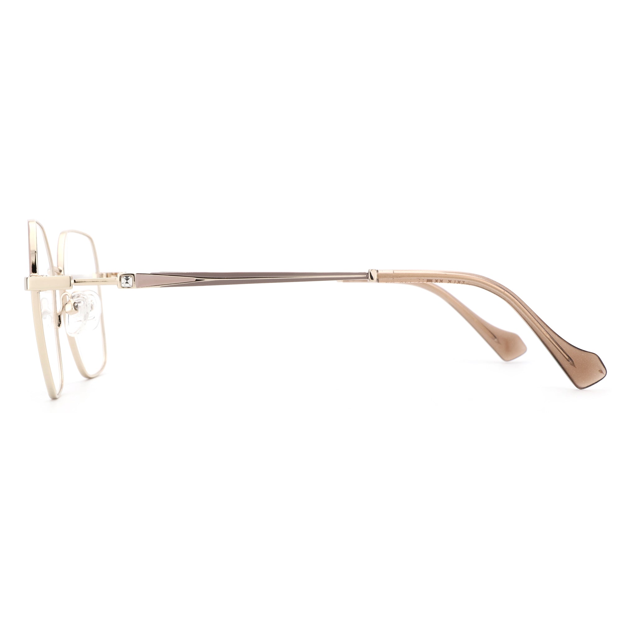 ZENOTTIC Tracy eyeglasses: gold metal geometric frame, clear lens, side view with diamond accent detail.